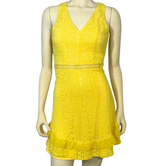 Lulus Sz S Love You Always Sleeveless VNeck Skater Dress Yellow Lace with Ruffle - Picture 7 of 12